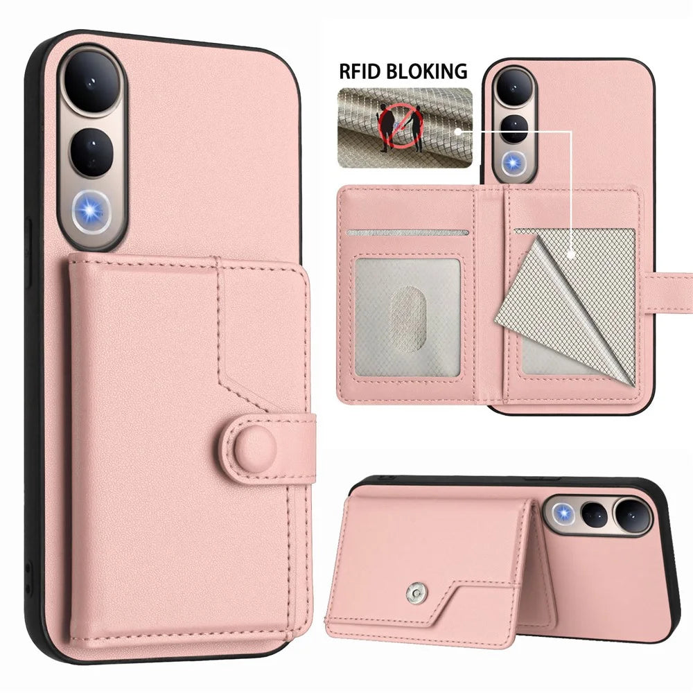 For vivo V50 Lite 5G Case RFID Blocking Card Holder Kickstand TPU + PU Leather Phone Back Cover - Rose Gold - 3