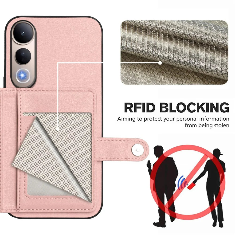 For vivo V50 Lite 5G Case RFID Blocking Card Holder Kickstand TPU + PU Leather Phone Back Cover - Rose Gold - 4