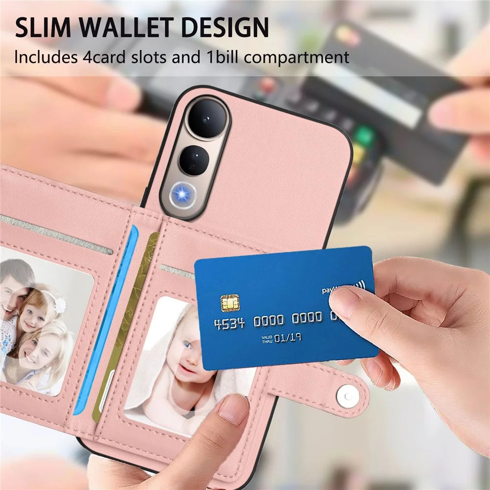 For vivo V50 Lite 5G Case RFID Blocking Card Holder Kickstand TPU + PU Leather Phone Back Cover - Rose Gold - 6