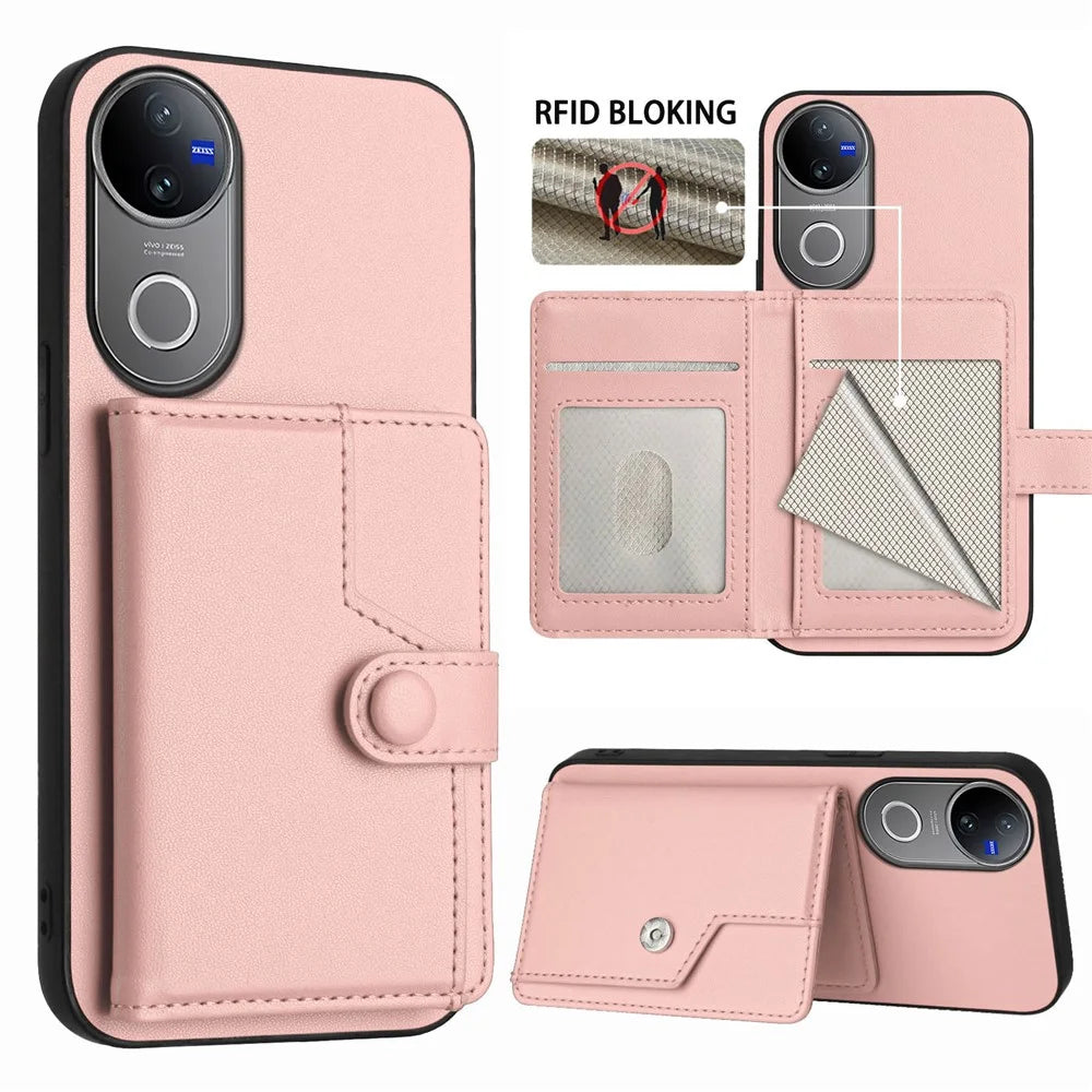 For vivo V50e 5G / vivo V50 5G Case RFID Blocking Card Holder Kickstand TPU + PU Leather Phone Back Cover - Rose Gold - 3