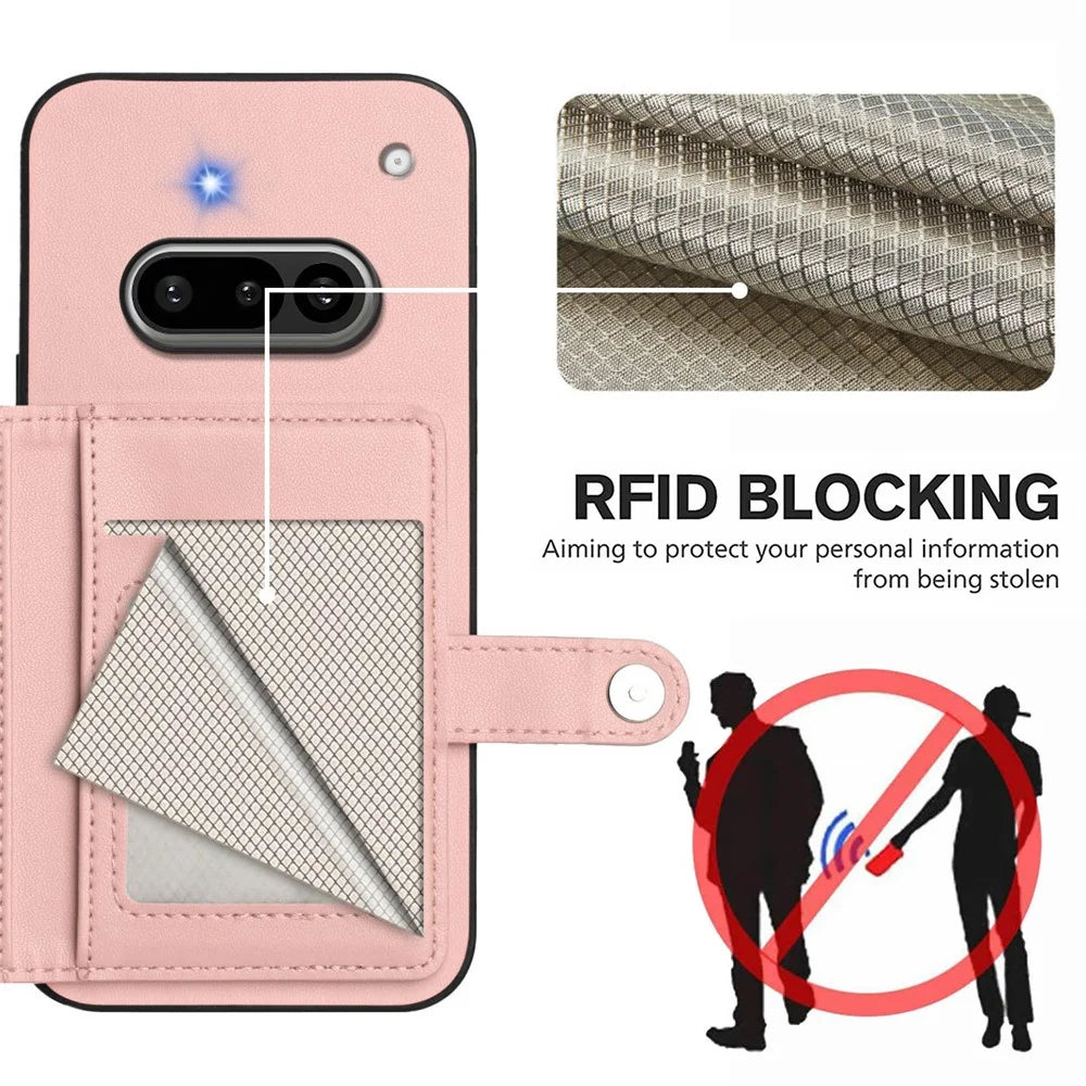 For Nothing Phone (3a) Case RFID Blocking Card Holder Kickstand TPU + PU Leather Phone Back Cover - Rose Gold - 4