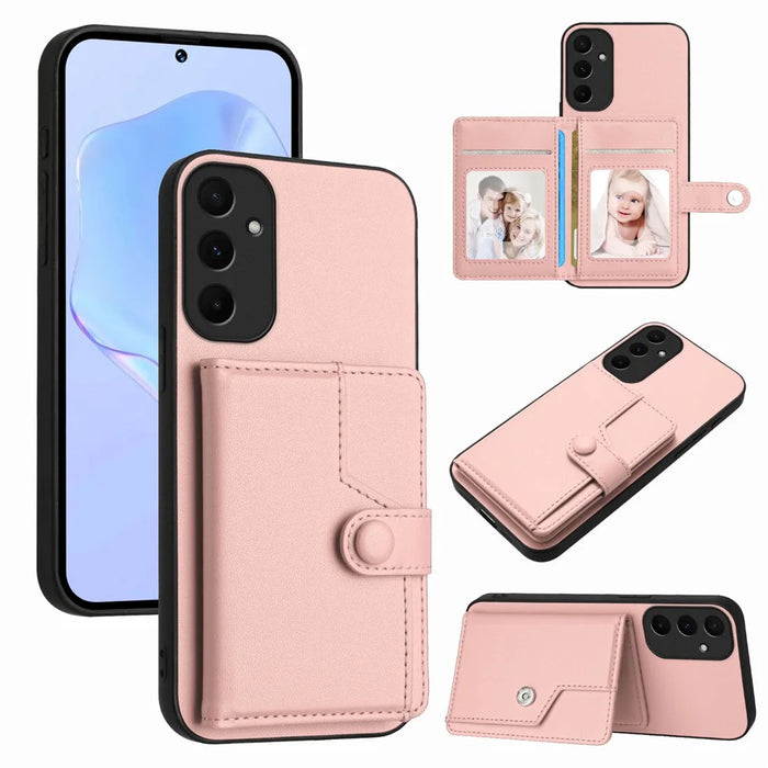 For Samsung Galaxy A55 5G Case RFID Blocking Card Holder Kickstand TPU + PU Leather Phone Back Cover - Rose Gold - 1