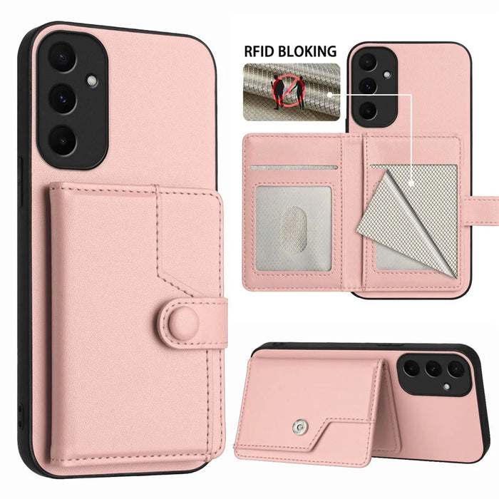 For Samsung Galaxy A55 5G Case RFID Blocking Card Holder Kickstand TPU + PU Leather Phone Back Cover - Rose Gold - 3
