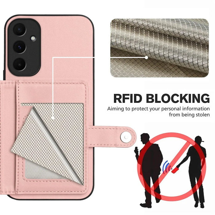 For Samsung Galaxy A55 5G Case RFID Blocking Card Holder Kickstand TPU + PU Leather Phone Back Cover - Rose Gold - 4