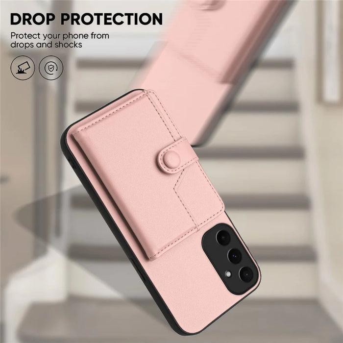 For Samsung Galaxy A55 5G Case RFID Blocking Card Holder Kickstand TPU + PU Leather Phone Back Cover - Rose Gold - 5