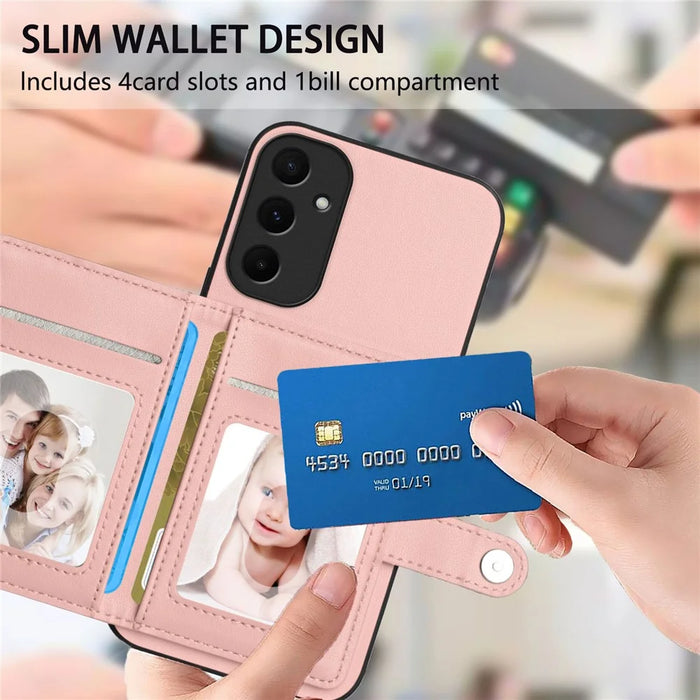 For Samsung Galaxy A55 5G Case RFID Blocking Card Holder Kickstand TPU + PU Leather Phone Back Cover - Rose Gold - 6
