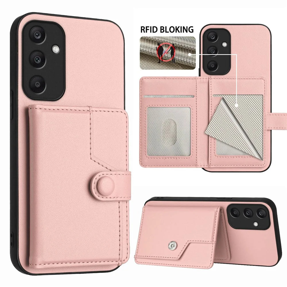 For Samsung Galaxy A25 5G (Global) (161.0 x 76.5 x 8.3mm) Case RFID Blocking Card Holder Kickstand TPU + PU Leather Phone Back Cover - Rose Gold - 3