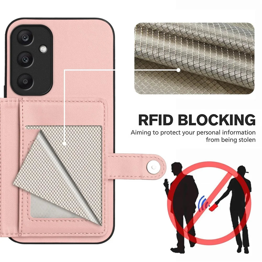 For Samsung Galaxy A25 5G (Global) (161.0 x 76.5 x 8.3mm) Case RFID Blocking Card Holder Kickstand TPU + PU Leather Phone Back Cover - Rose Gold - 4