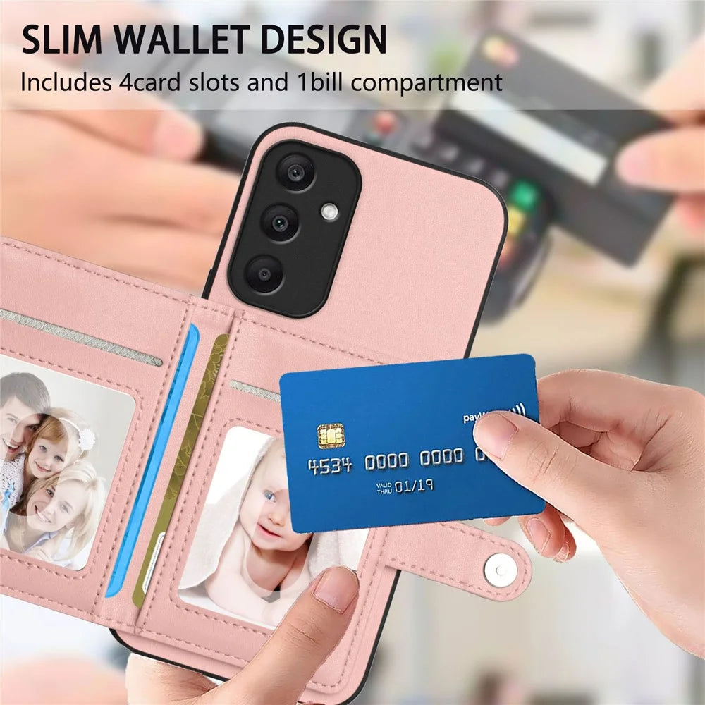 For Samsung Galaxy A25 5G (Global) (161.0 x 76.5 x 8.3mm) Case RFID Blocking Card Holder Kickstand TPU + PU Leather Phone Back Cover - Rose Gold - 6