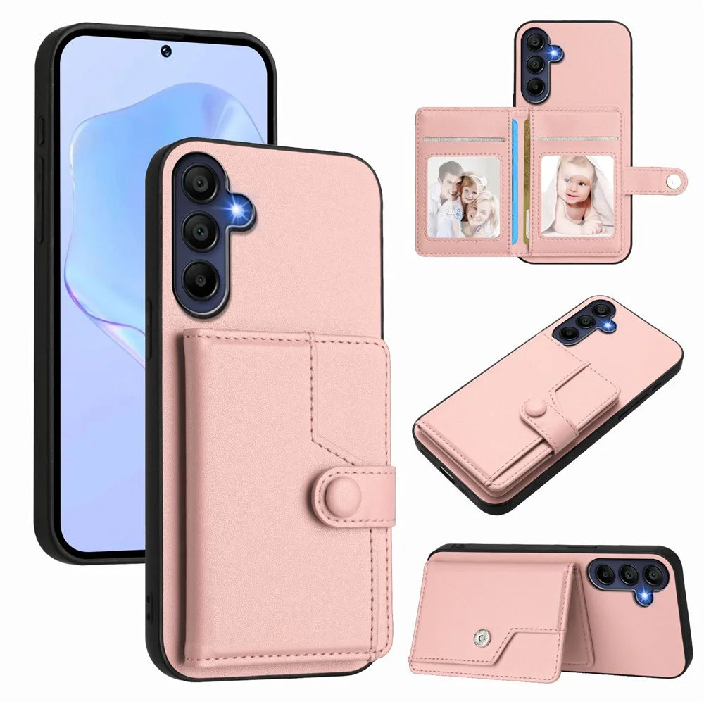 For Samsung Galaxy A16 4G / Galaxy A16 5G Case RFID Blocking Card Holder Kickstand TPU + PU Leather Phone Back Cover - Rose Gold - 1