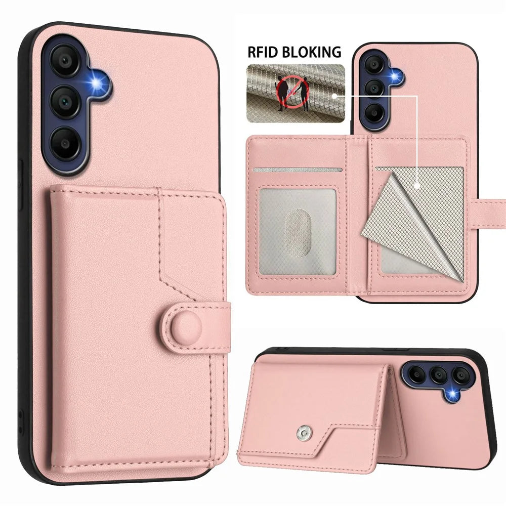 For Samsung Galaxy A16 4G / Galaxy A16 5G Case RFID Blocking Card Holder Kickstand TPU + PU Leather Phone Back Cover - Rose Gold - 3