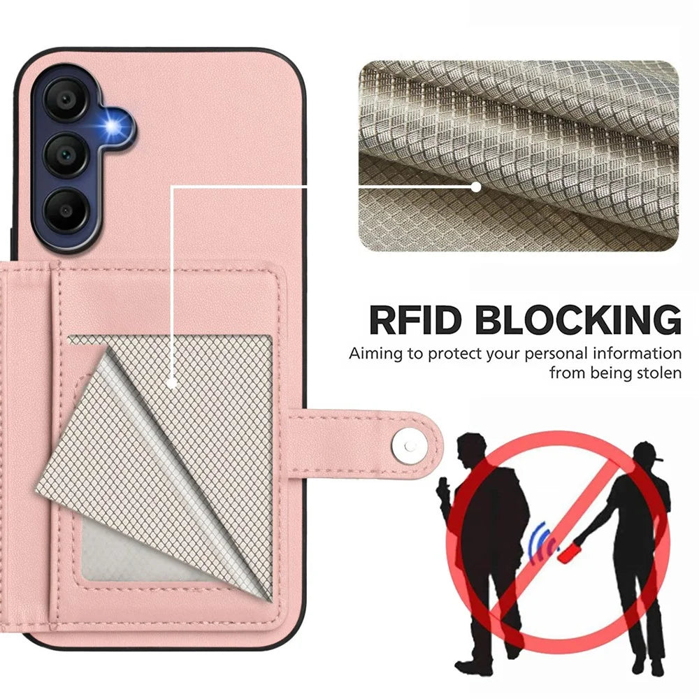 For Samsung Galaxy A16 4G / Galaxy A16 5G Case RFID Blocking Card Holder Kickstand TPU + PU Leather Phone Back Cover - Rose Gold - 4