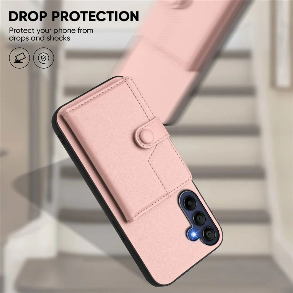 For Samsung Galaxy A16 4G / Galaxy A16 5G Case RFID Blocking Card Holder Kickstand TPU + PU Leather Phone Back Cover - Rose Gold - 5