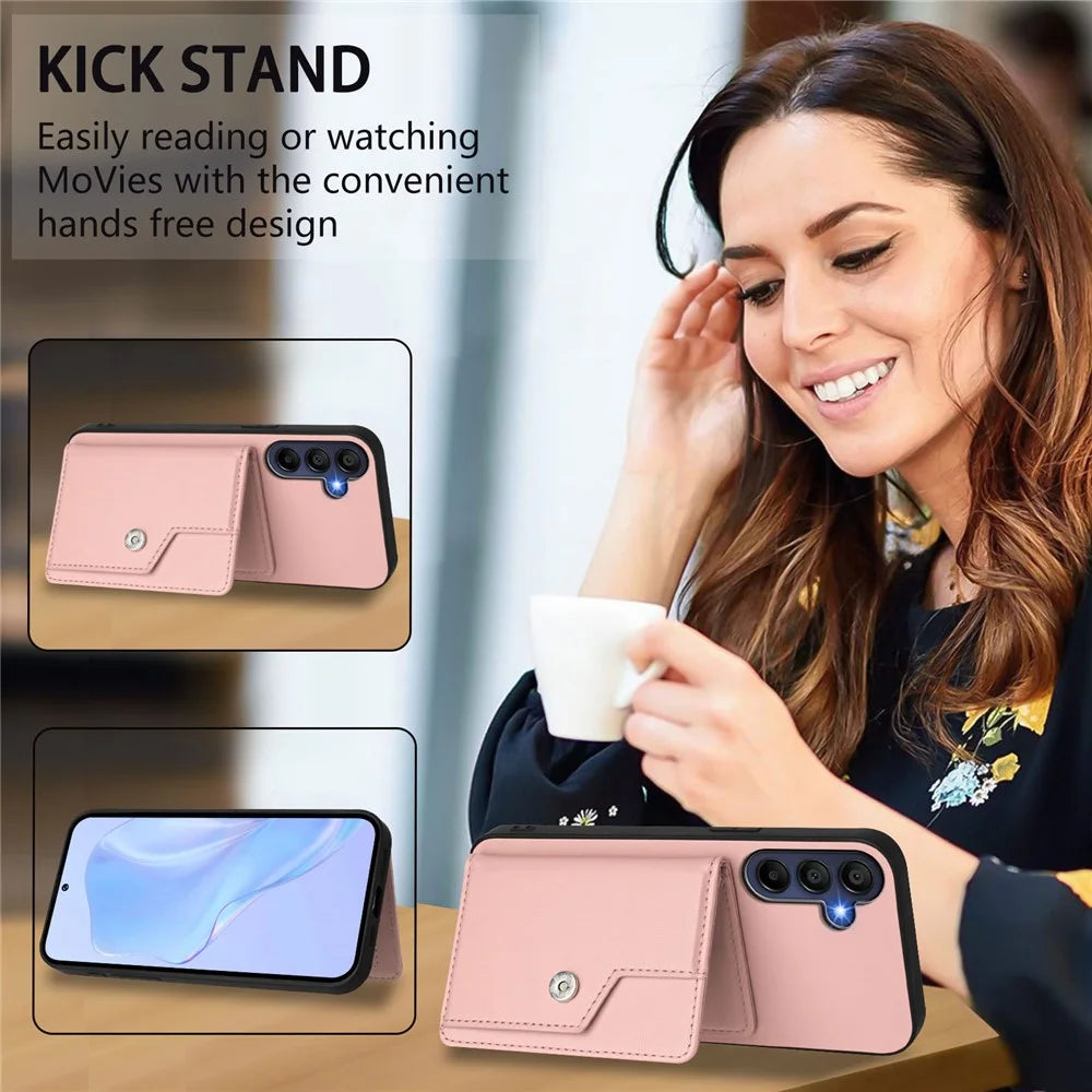 For Samsung Galaxy A16 4G / Galaxy A16 5G Case RFID Blocking Card Holder Kickstand TPU + PU Leather Phone Back Cover - Rose Gold - 7