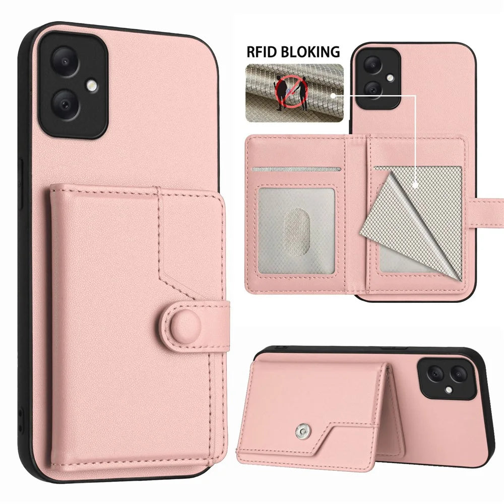 For Samsung Galaxy A05 4G Case RFID Blocking Card Holder Kickstand TPU + PU Leather Phone Back Cover - Rose Gold - 3