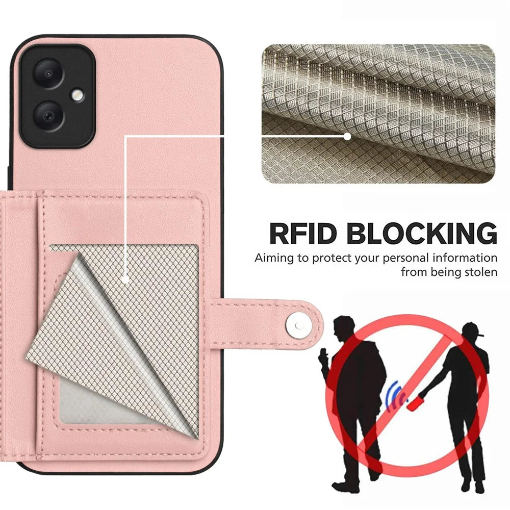For Samsung Galaxy A05 4G Case RFID Blocking Card Holder Kickstand TPU + PU Leather Phone Back Cover - Rose Gold - 4