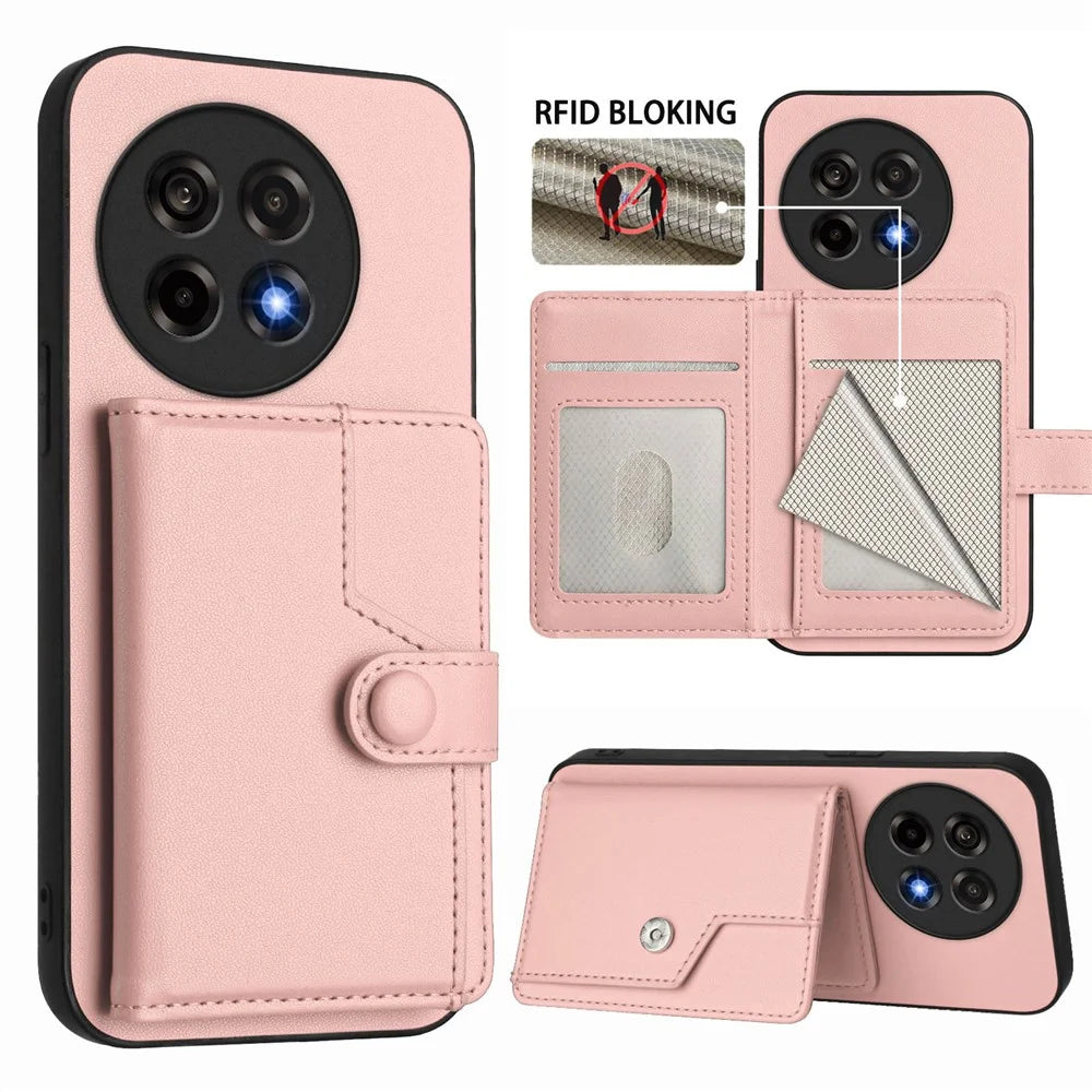 For OnePlus Ace 5 Pro 5G / OnePlus 13R 5G / OnePlus Ace 5 5G Case RFID Blocking Card Holder Kickstand TPU + PU Leather Phone Back Cover - Rose Gold - 3