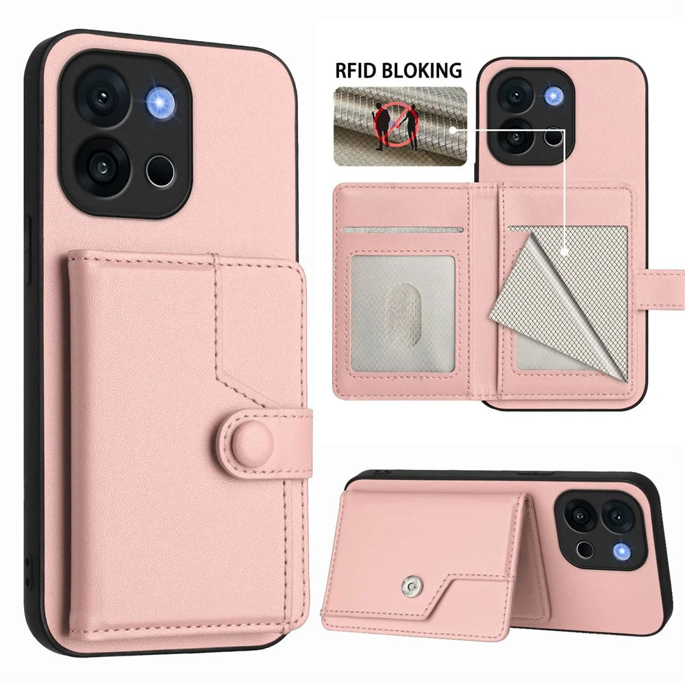 For OnePlus 13T 5G Case RFID Blocking Card Holder Kickstand TPU + PU Leather Phone Back Cover - Rose Gold - 3