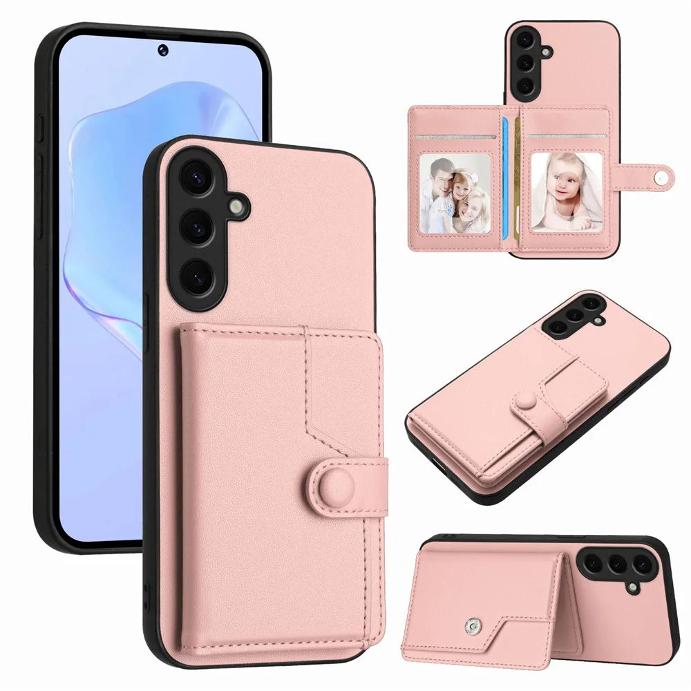 For Samsung Galaxy S24+ Case RFID Blocking Card Holder Kickstand TPU + PU Leather Phone Back Cover - Rose Gold - 1