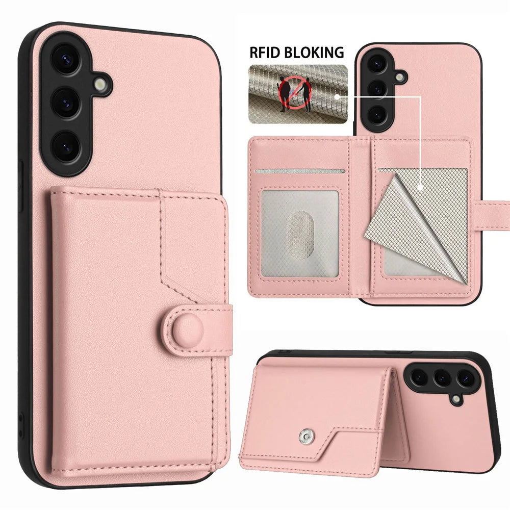 For Samsung Galaxy S24+ Case RFID Blocking Card Holder Kickstand TPU + PU Leather Phone Back Cover - Rose Gold - 3