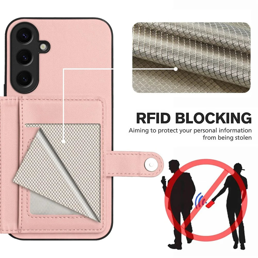 For Samsung Galaxy S24+ Case RFID Blocking Card Holder Kickstand TPU + PU Leather Phone Back Cover - Rose Gold - 4