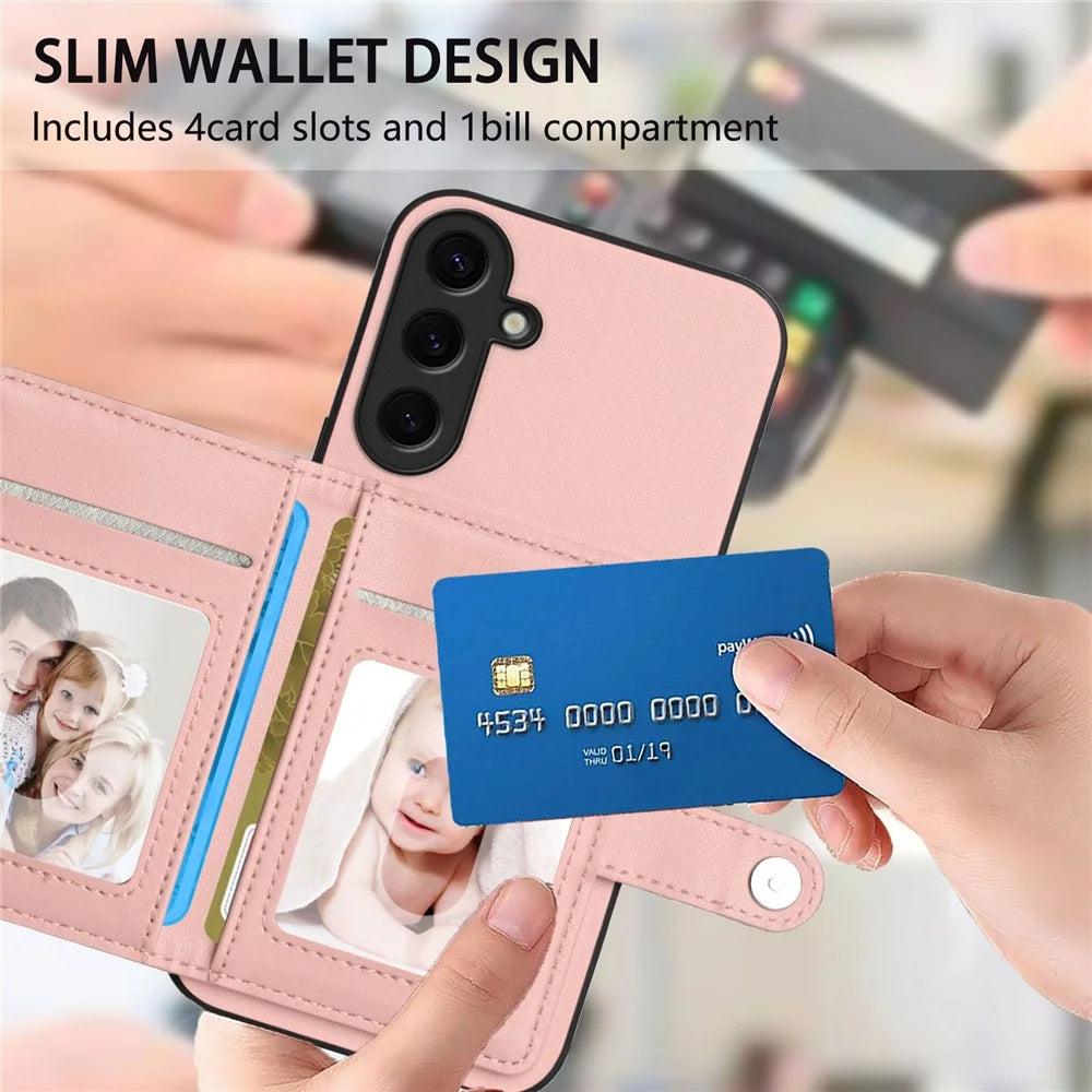 For Samsung Galaxy S24+ Case RFID Blocking Card Holder Kickstand TPU + PU Leather Phone Back Cover - Rose Gold - 6