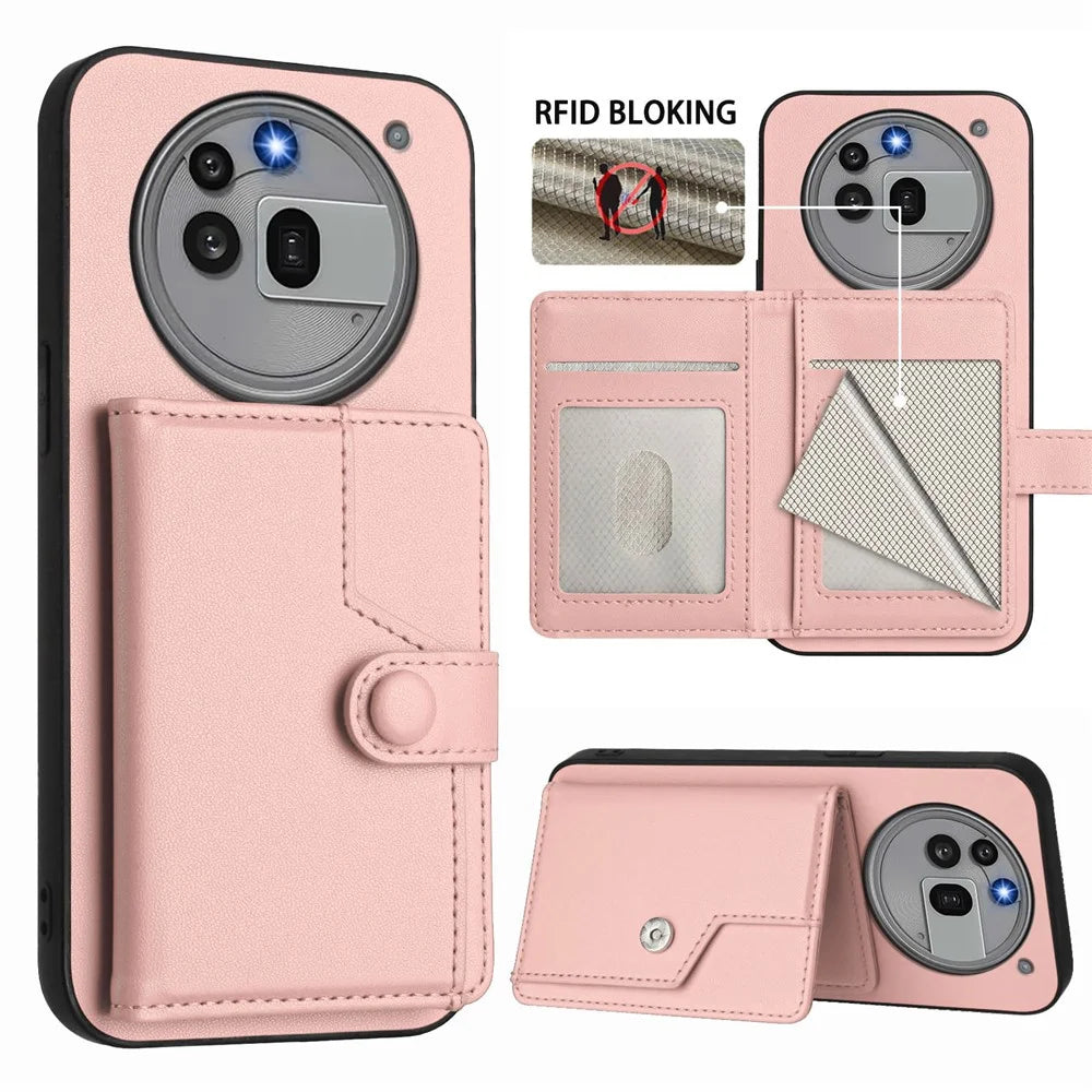 For Nothing Phone (3a) Pro Case RFID Blocking Card Holder Kickstand TPU + PU Leather Phone Back Cover - Rose Gold - 3