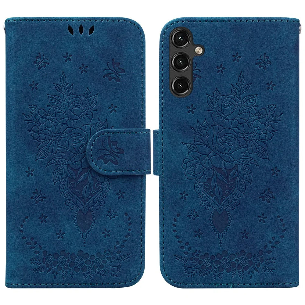 For Samsung Galaxy A14 5G / A14 4G PU Leather Wallet Phone Case Rose Butterfly Imprinted Magnetic Closure Stand Folio Cover with Strap - Blue - 1