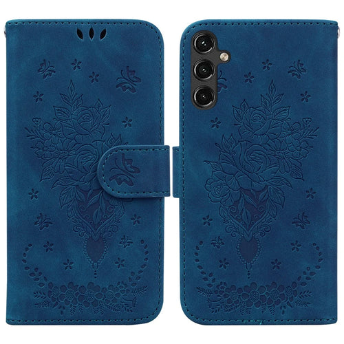 For Samsung Galaxy A14 5G / A14 4G PU Leather Wallet Phone Case Rose Butterfly Imprinted Magnetic Closure Stand Folio Cover with Strap - Blue - 1