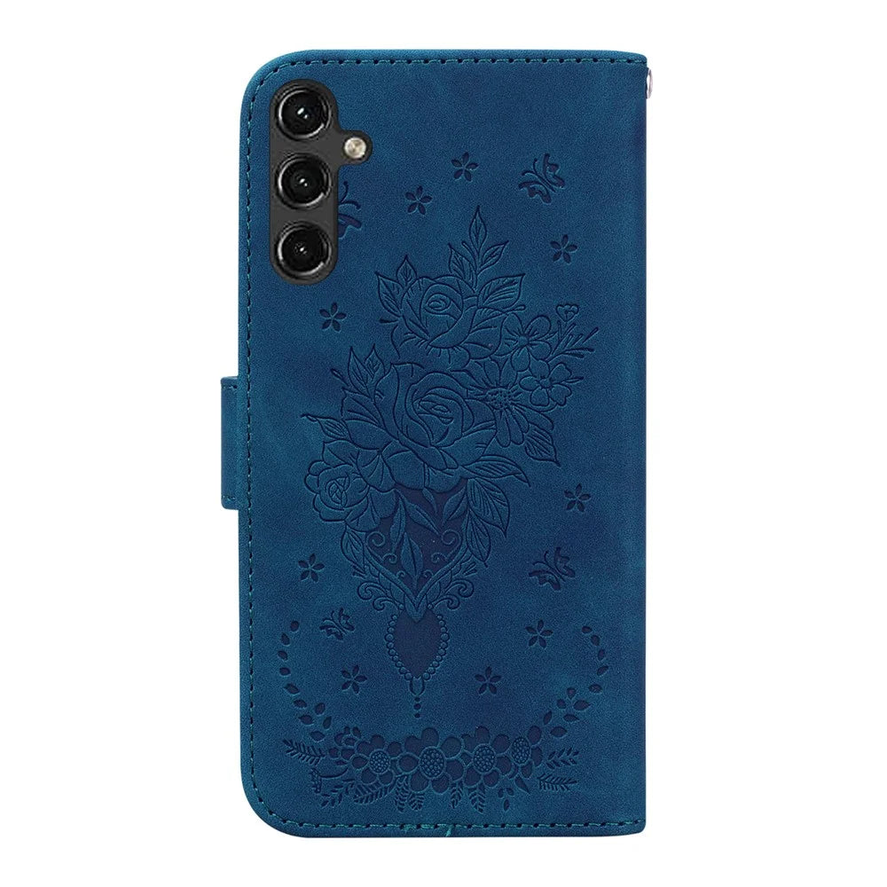 For Samsung Galaxy A14 5G / A14 4G PU Leather Wallet Phone Case Rose Butterfly Imprinted Magnetic Closure Stand Folio Cover with Strap - Blue - 3