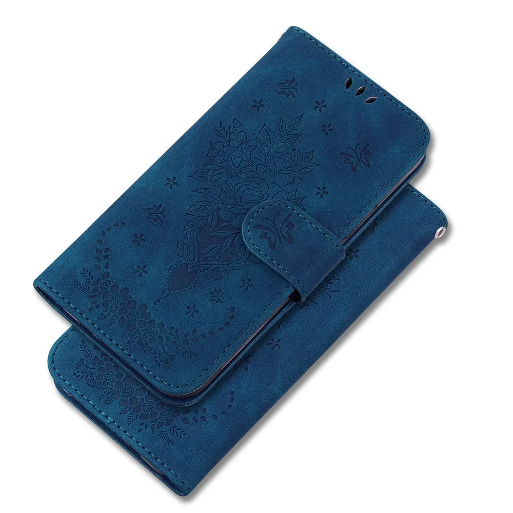For Samsung Galaxy A14 5G / A14 4G PU Leather Wallet Phone Case Rose Butterfly Imprinted Magnetic Closure Stand Folio Cover with Strap - Blue - 6