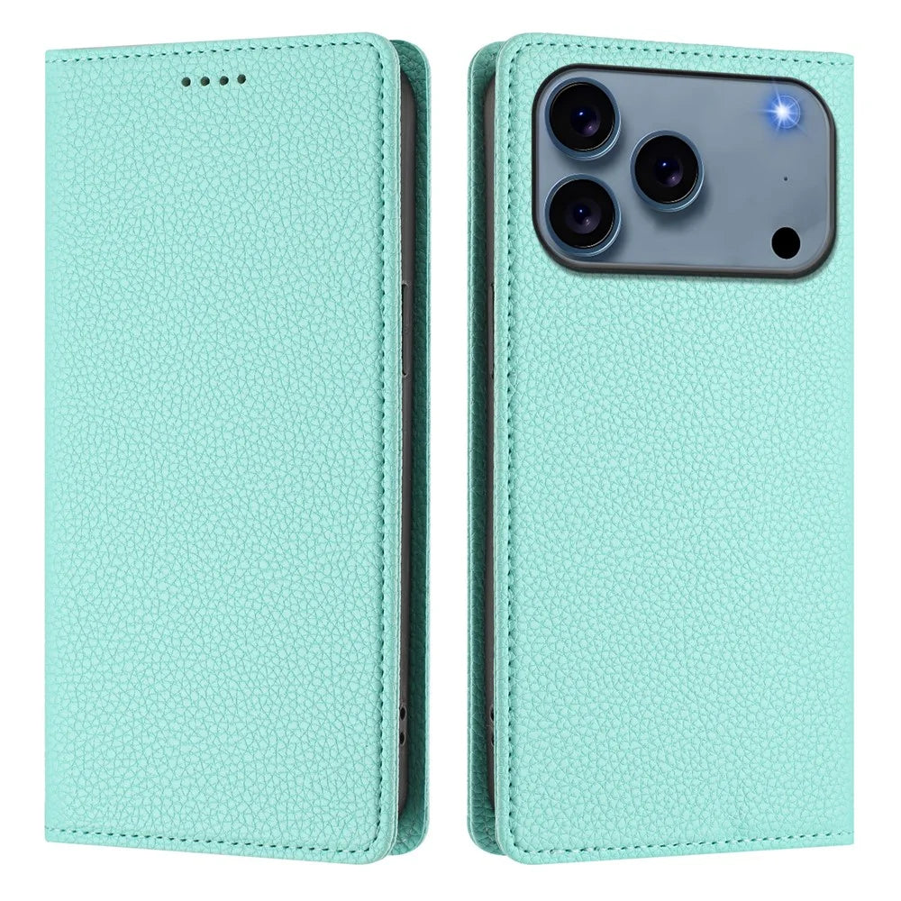For iPhone 18 Pro Max / 17 Pro Max Wallet Case RFID Blocking Litchi Texture Leather Mobile Cover - Mint Green - 1