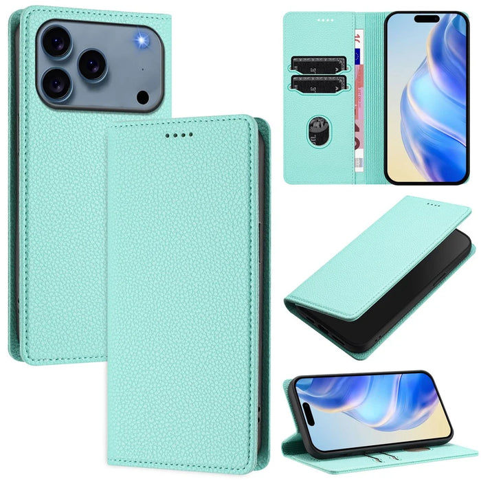 For iPhone 18 Pro Max / 17 Pro Max Wallet Case RFID Blocking Litchi Texture Leather Mobile Cover - Mint Green - 2