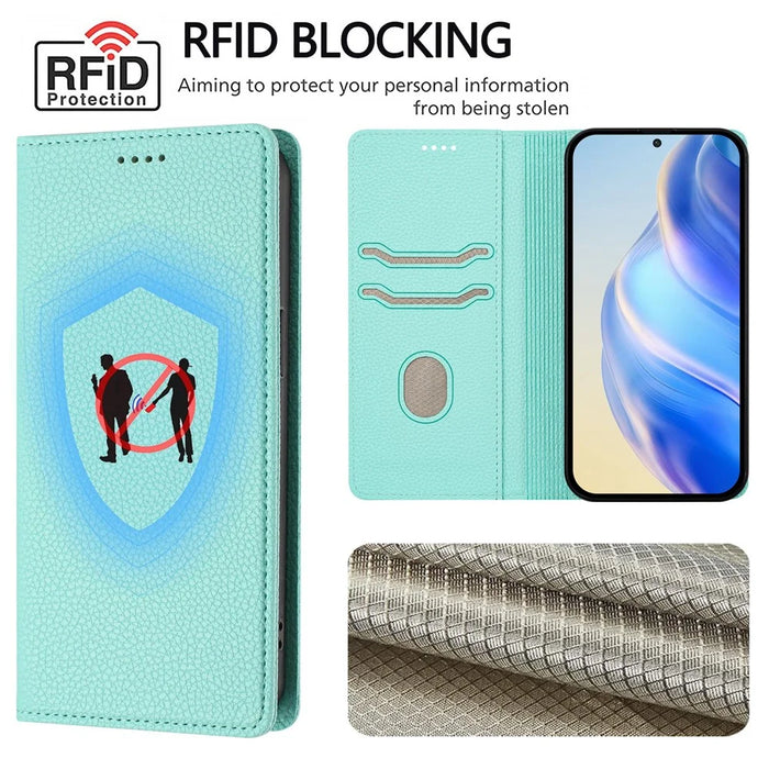 For iPhone 18 Pro Max / 17 Pro Max Wallet Case RFID Blocking Litchi Texture Leather Mobile Cover - Mint Green - 6