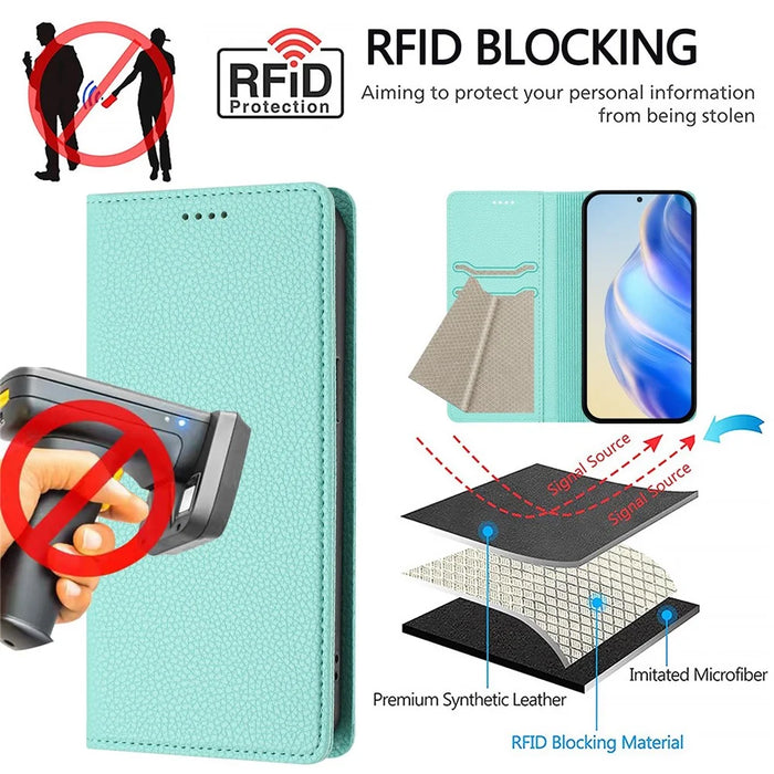 For iPhone 18 Pro Max / 17 Pro Max Wallet Case RFID Blocking Litchi Texture Leather Mobile Cover - Mint Green - 7