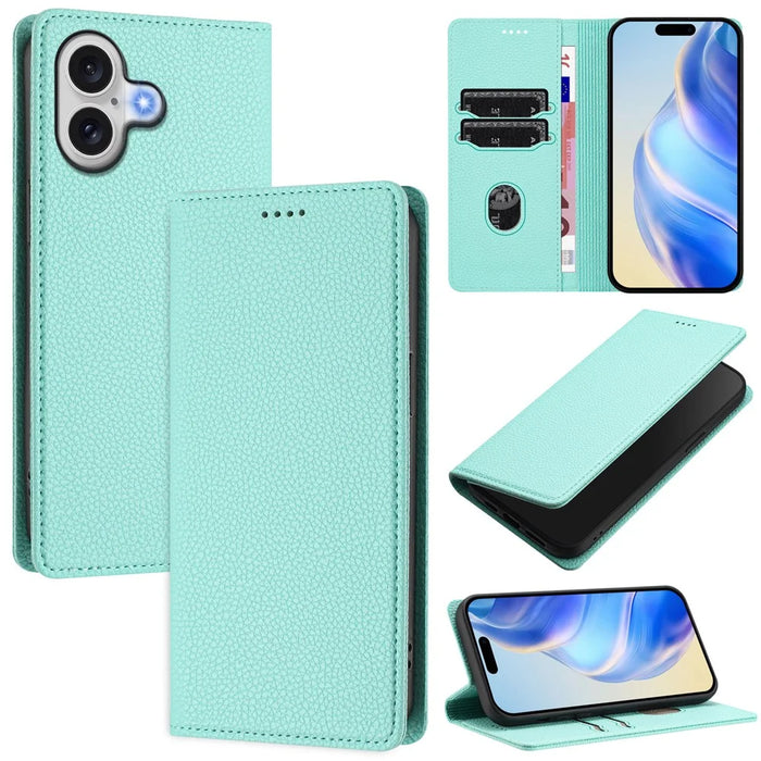For iPhone 17 Wallet Case RFID Blocking Litchi Texture Leather Mobile Cover - Mint Green - 2