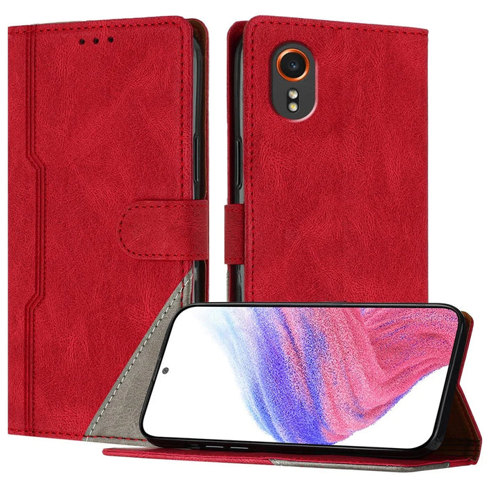For Samsung Galaxy Xcover7 Leather Case Triangle Patchwork Wallet Stand Shockproof Phone Cover - Red - 1