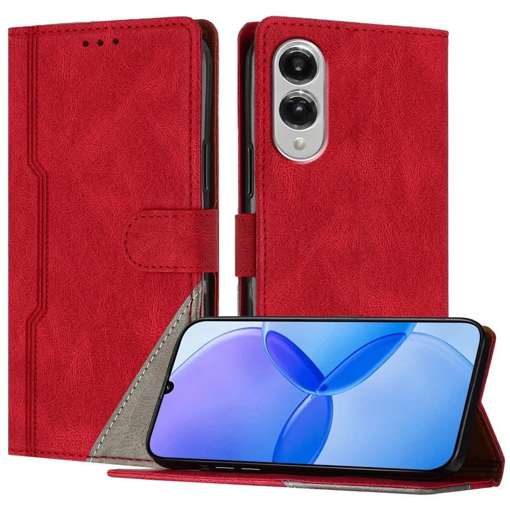 For Samsung Galaxy S25 Edge Leather Case Triangle Patchwork Wallet Stand Shockproof Phone Cover - Red - 1
