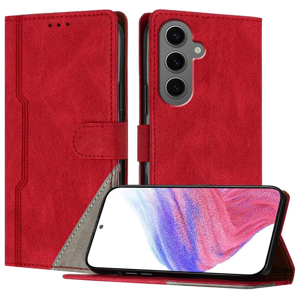For Samsung Galaxy S24+ Leather Case Triangle Patchwork Wallet Stand Shockproof Phone Cover - Red - 1