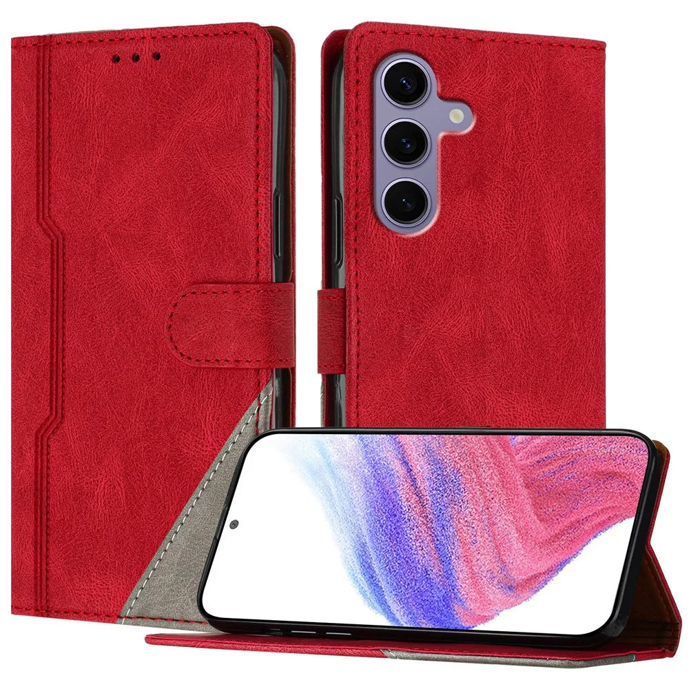 For Samsung Galaxy S24 FE Leather Case Triangle Patchwork Wallet Stand Shockproof Phone Cover - Red - 1