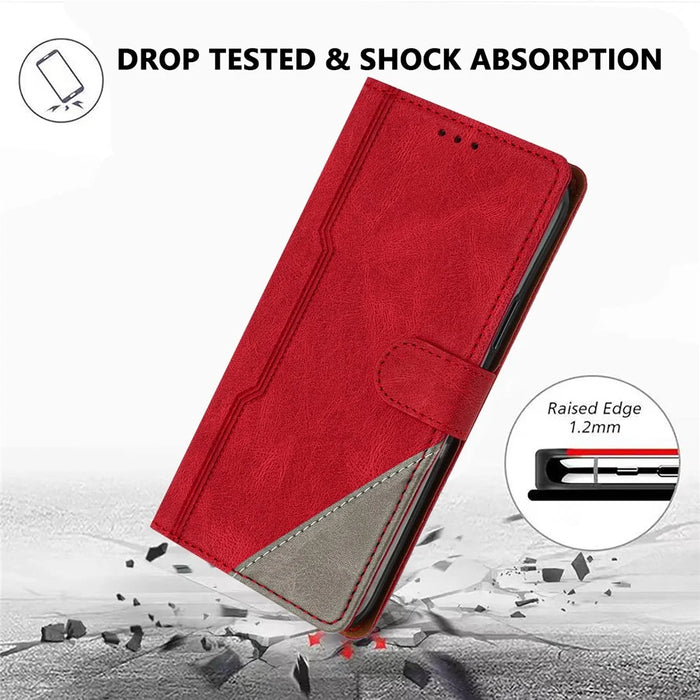 For Samsung Galaxy S24 FE Leather Case Triangle Patchwork Wallet Stand Shockproof Phone Cover - Red - 2