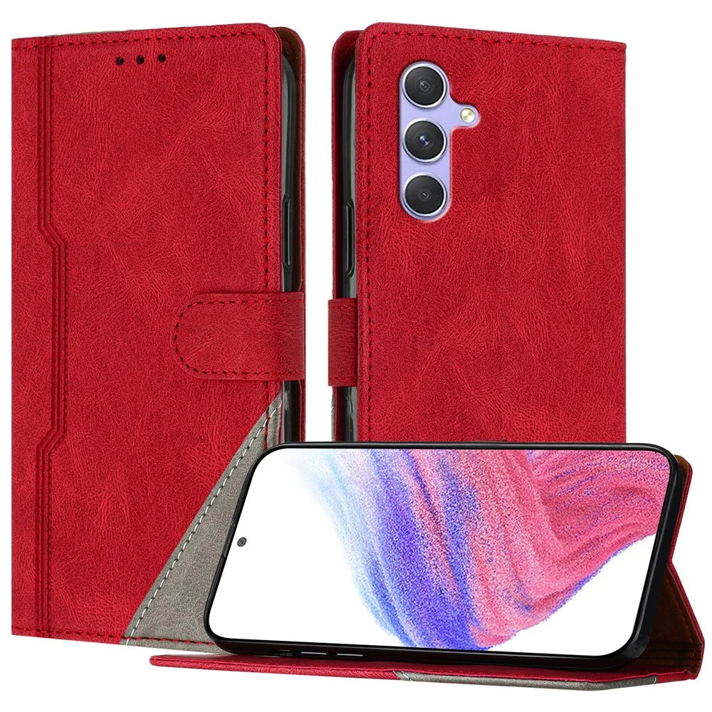 For Samsung Galaxy A54 5G Leather Case Triangle Patchwork Wallet Stand Shockproof Phone Cover - Red - 1
