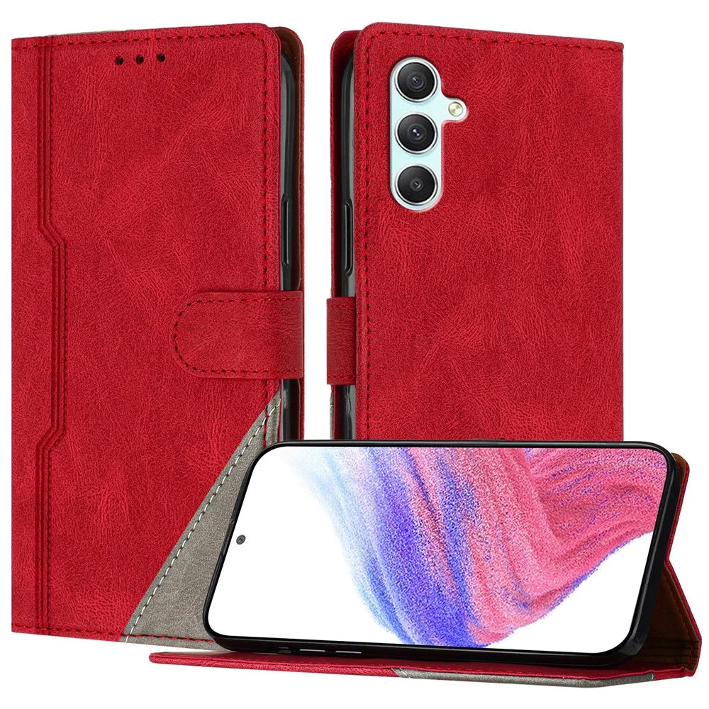 For Samsung Galaxy A34 5G Leather Case Triangle Patchwork Wallet Stand Shockproof Phone Cover - Red - 1