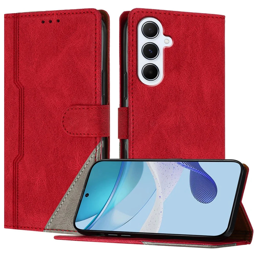 For Samsung Galaxy A26 5G Leather Case Triangle Patchwork Wallet Stand Shockproof Phone Cover - Red - 1