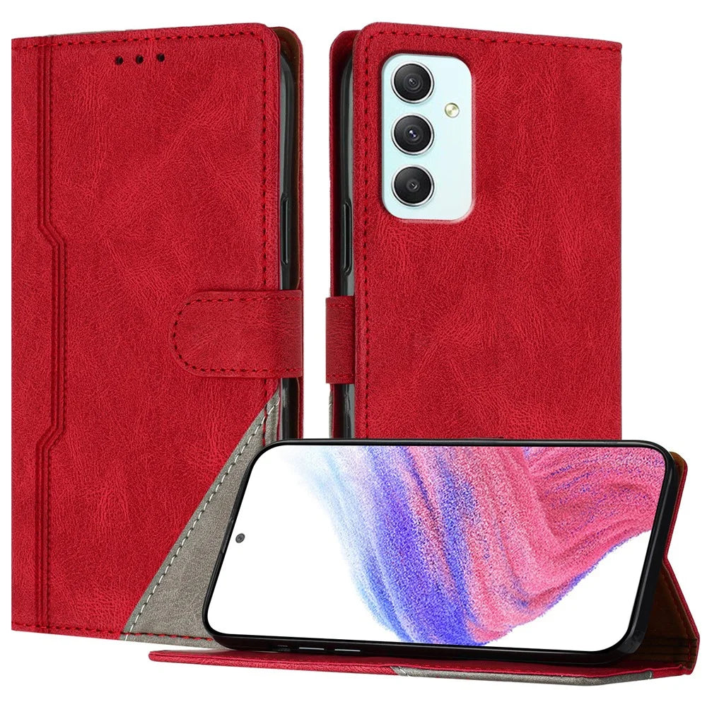 For Samsung Galaxy A35 5G Leather Case Triangle Patchwork Wallet Stand Shockproof Phone Cover - Red - 1