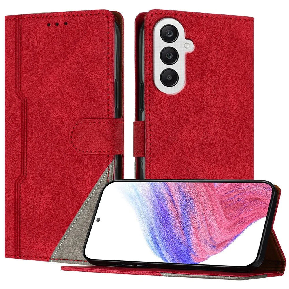 For Samsung Galaxy A25 5G (Global) (161.0 x 76.5 x 8.3mm) Leather Case Triangle Patchwork Wallet Stand Shockproof Phone Cover - Red - 1