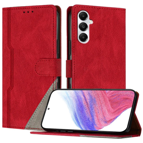 For Samsung Galaxy A05s 4G Leather Case Triangle Patchwork Wallet Stand Shockproof Phone Cover - Red - 1