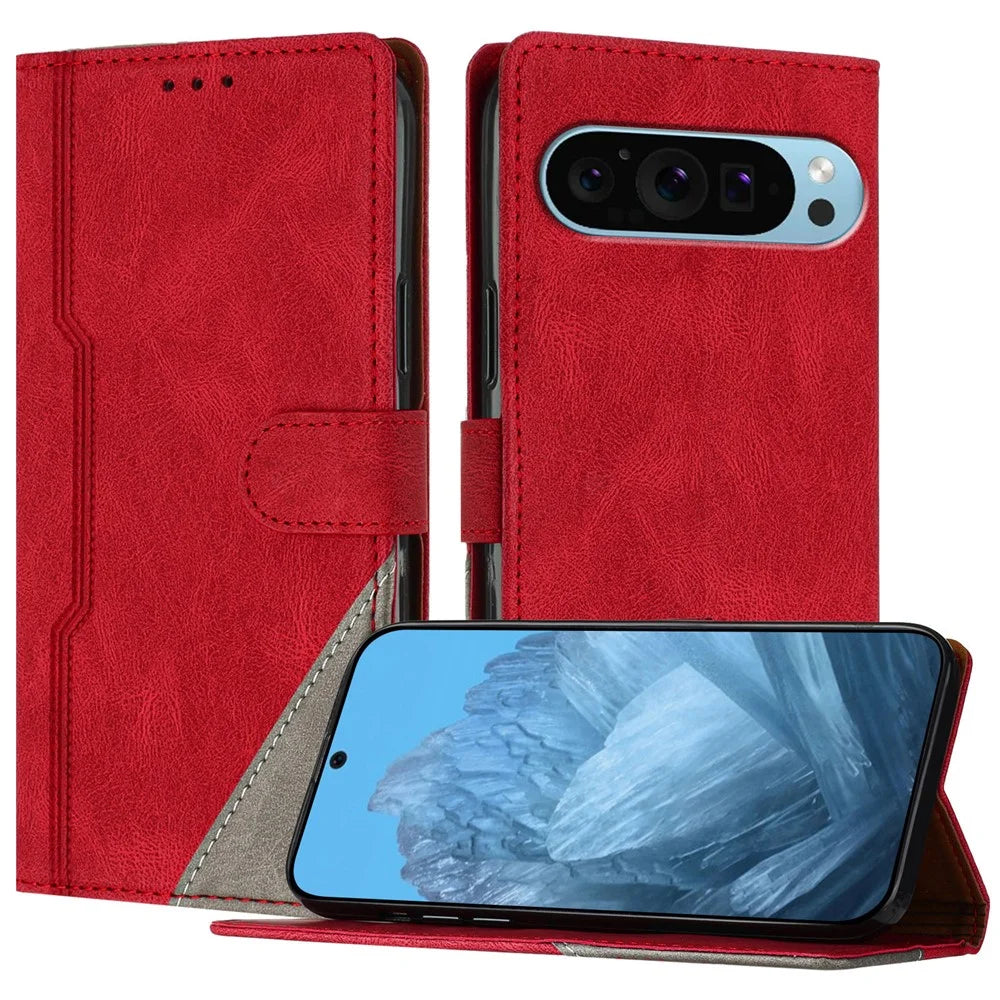 For Google Pixel 9 Pro Leather Case Triangle Patchwork Wallet Stand Shockproof Phone Cover - Red - 1