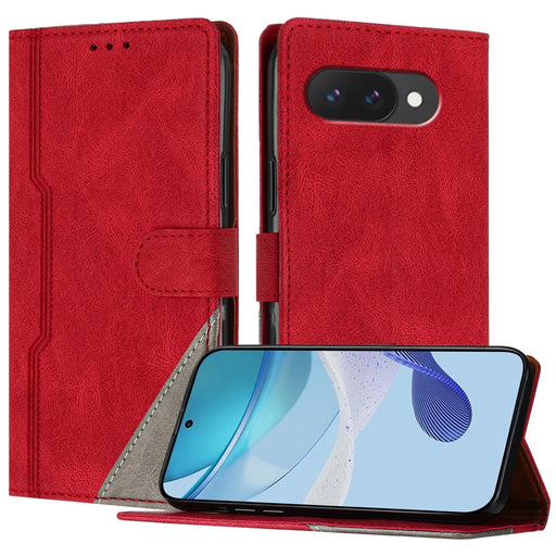 For Google Pixel 9a Leather Case Triangle Patchwork Wallet Stand Shockproof Phone Cover - Red - 1