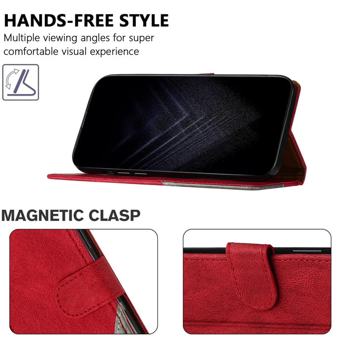 For Google Pixel 9a Leather Case Triangle Patchwork Wallet Stand Shockproof Phone Cover - Red - 3